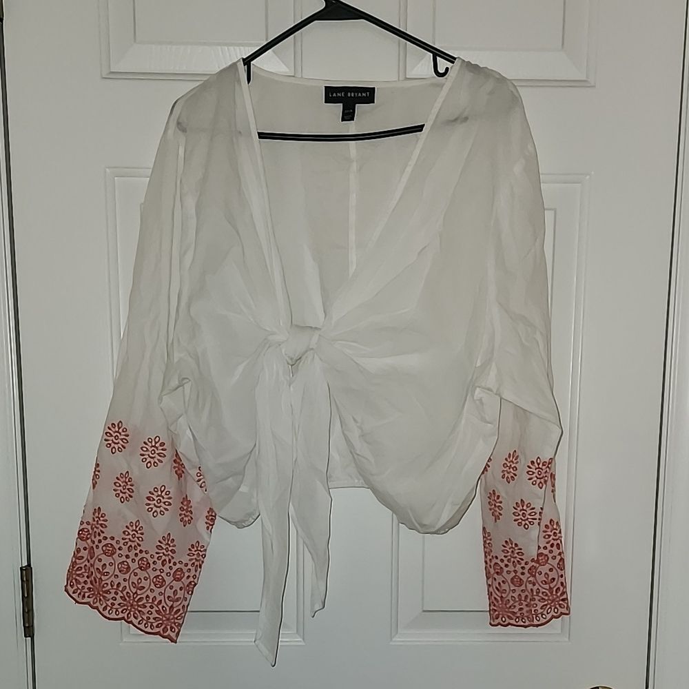 Lane Bryant White V-Neck Bishop Sleeve Crop Blouse 100% Cotton Size 22/24